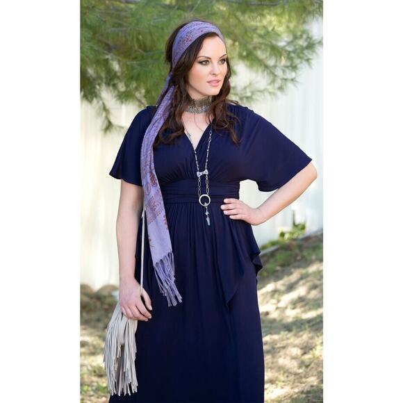 Kiyonna Dress 4X Navy Blue Indie Flair Style Gown Maxi Kimono Sleeves Draped - Picture 4 of 15